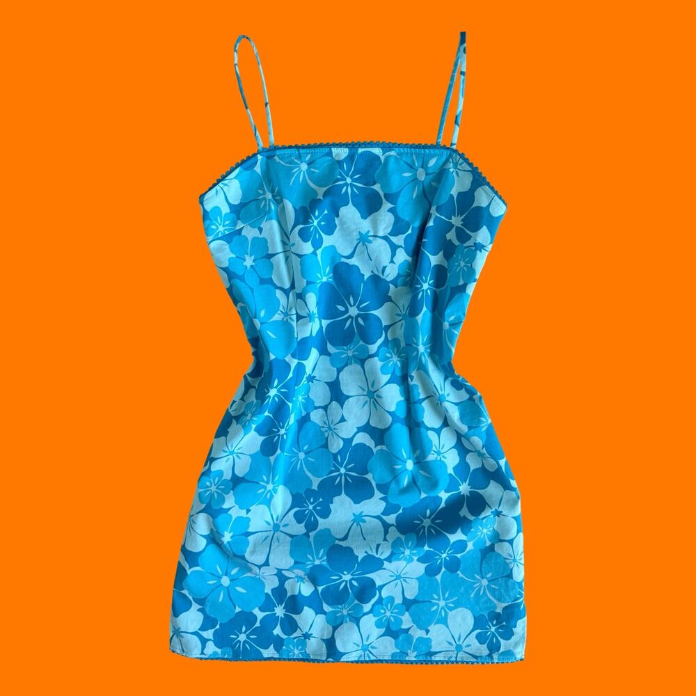 90's vintage tropical blue floral bodycon mini dress Size 11/12 city triangles